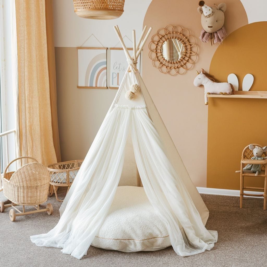 MINICAMP Fairy Kids Play Tent With Tulle in Ecru with cushion inside