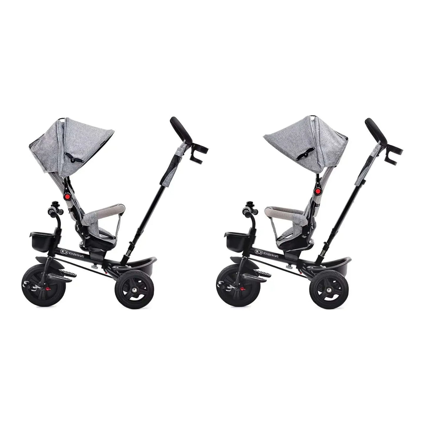 2 Kinderkraft Aveo Tricycle - Grey, one with front and rear facing seats