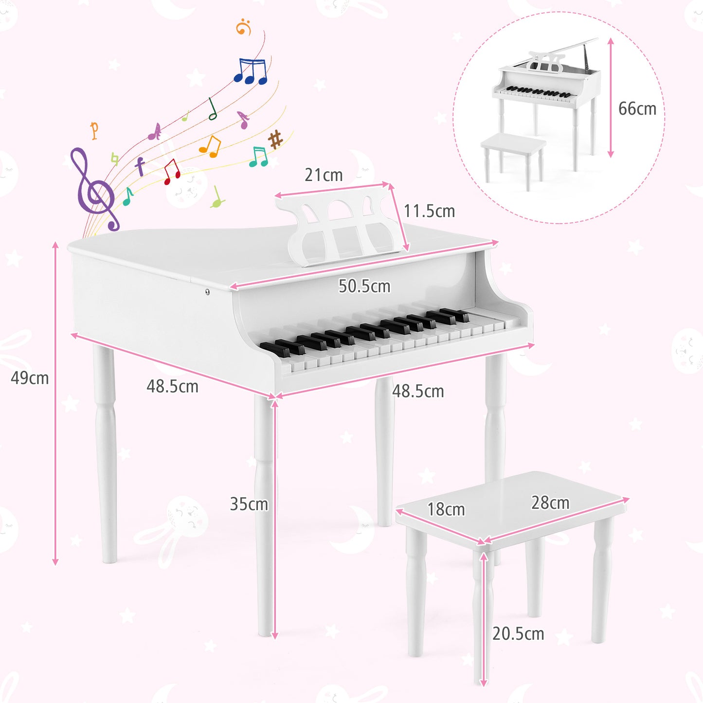 30-Key Classical Learn-to-Play Musical Instrument Toy with Music Stand and Solid Wood Legs-White