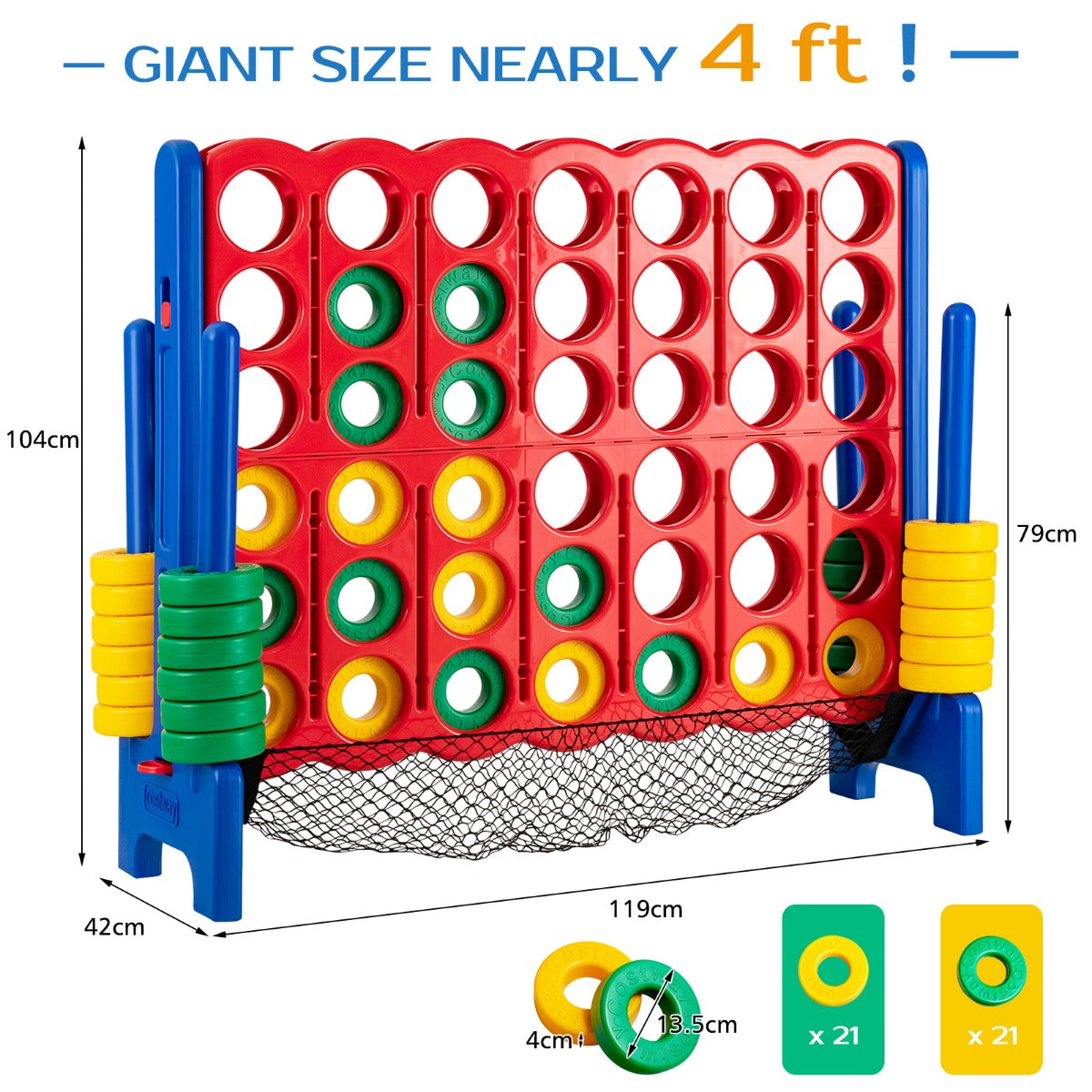 Jumbo 4-to-Score Giant Game Set with Carry Bag and Quick-Release Level for Kids Adults-Blue