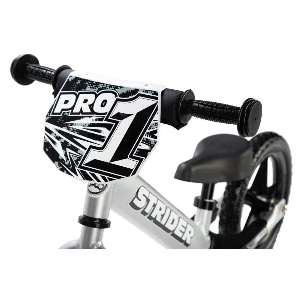 Strider Pro 12 inch Balance Bike - Silver with number plate