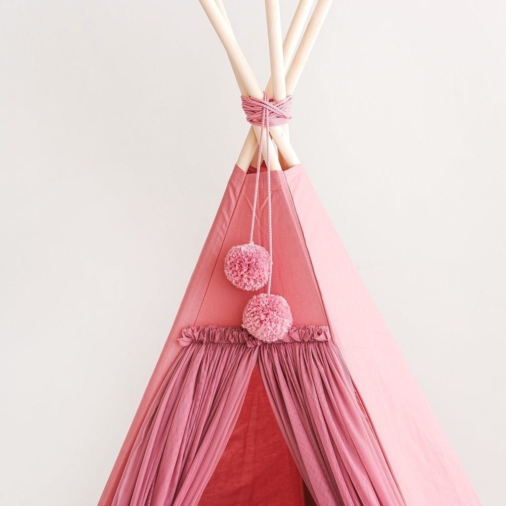 MINICAMP Fairy Kids Play Tent With Tulle in Rose with pom poms close up
