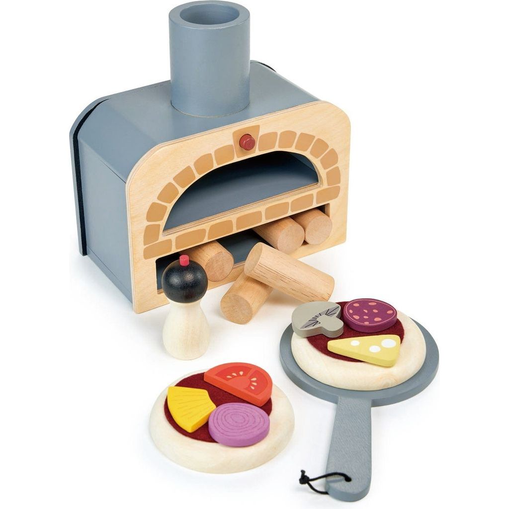 Tender Leaf Make Me a Pizza! Wooden Pizza Oven Toy with 2 pizzas in front