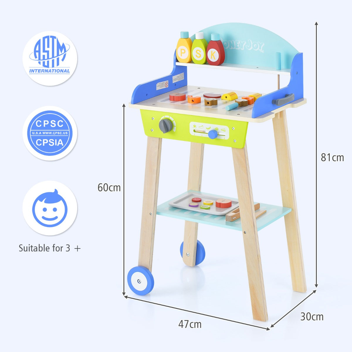 Kid's Pretend Barbecue Grill Play Set with Play Food, Push Handle and Wheels