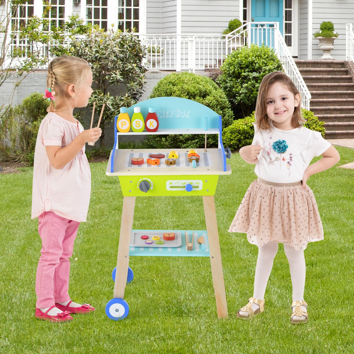 Kid's Pretend Barbecue Grill Play Set with Play Food, Push Handle and Wheels