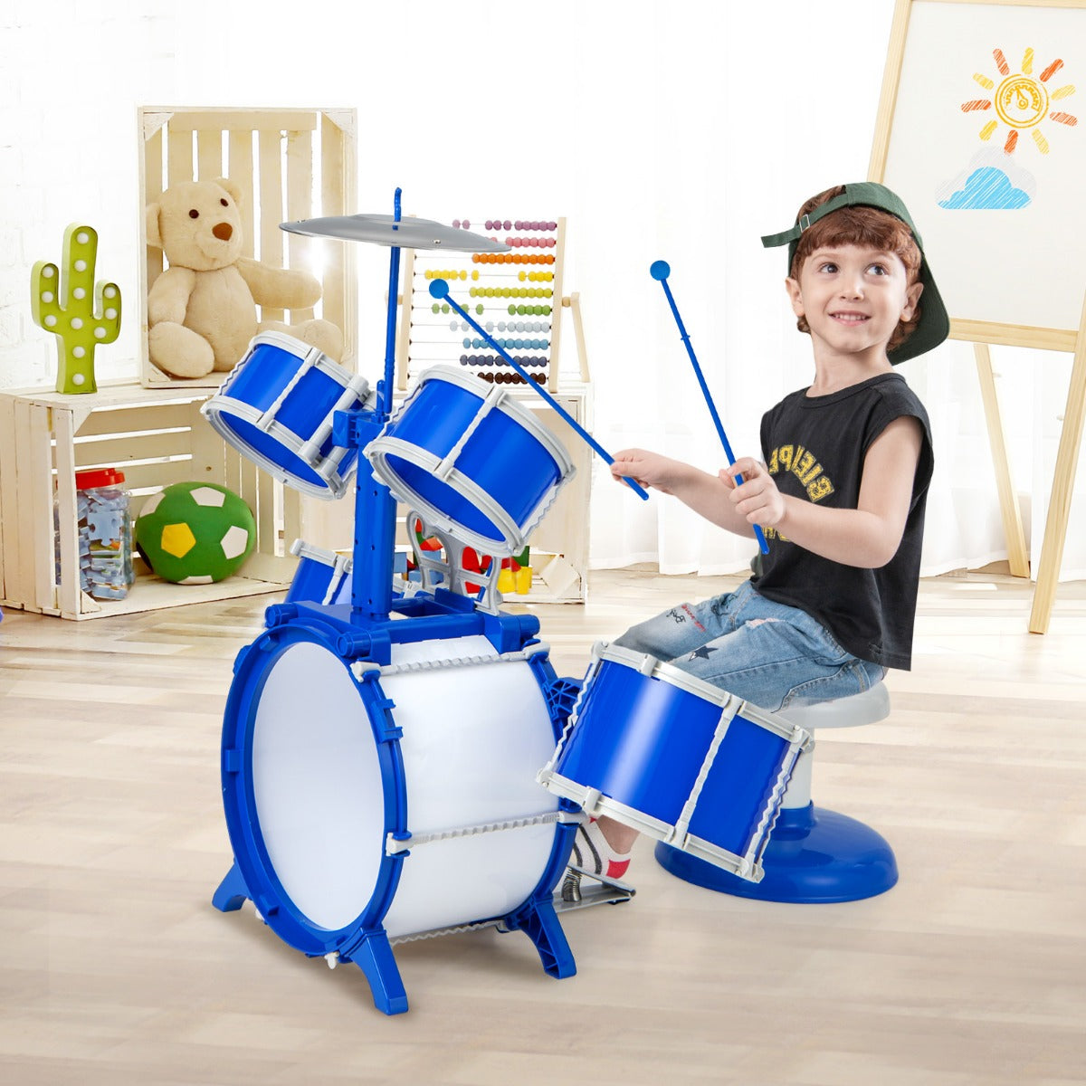 Educational Percussion Musical Instrument Toy with Bass Drum and Foot Pedal-Blue