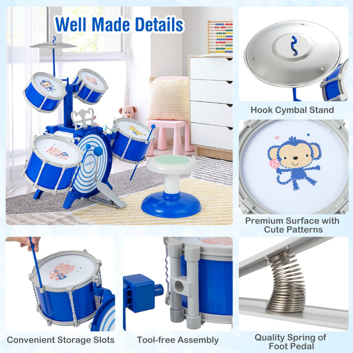 Educational Percussion Musical Instrument Toy with Bass Drum and Foot Pedal-Blue