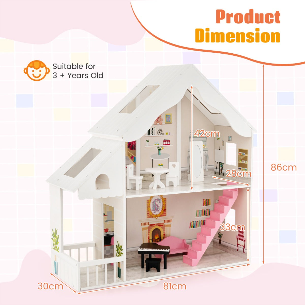 Kids Wooden Dollhouse with Simulated Rooms and Furniture Set-White