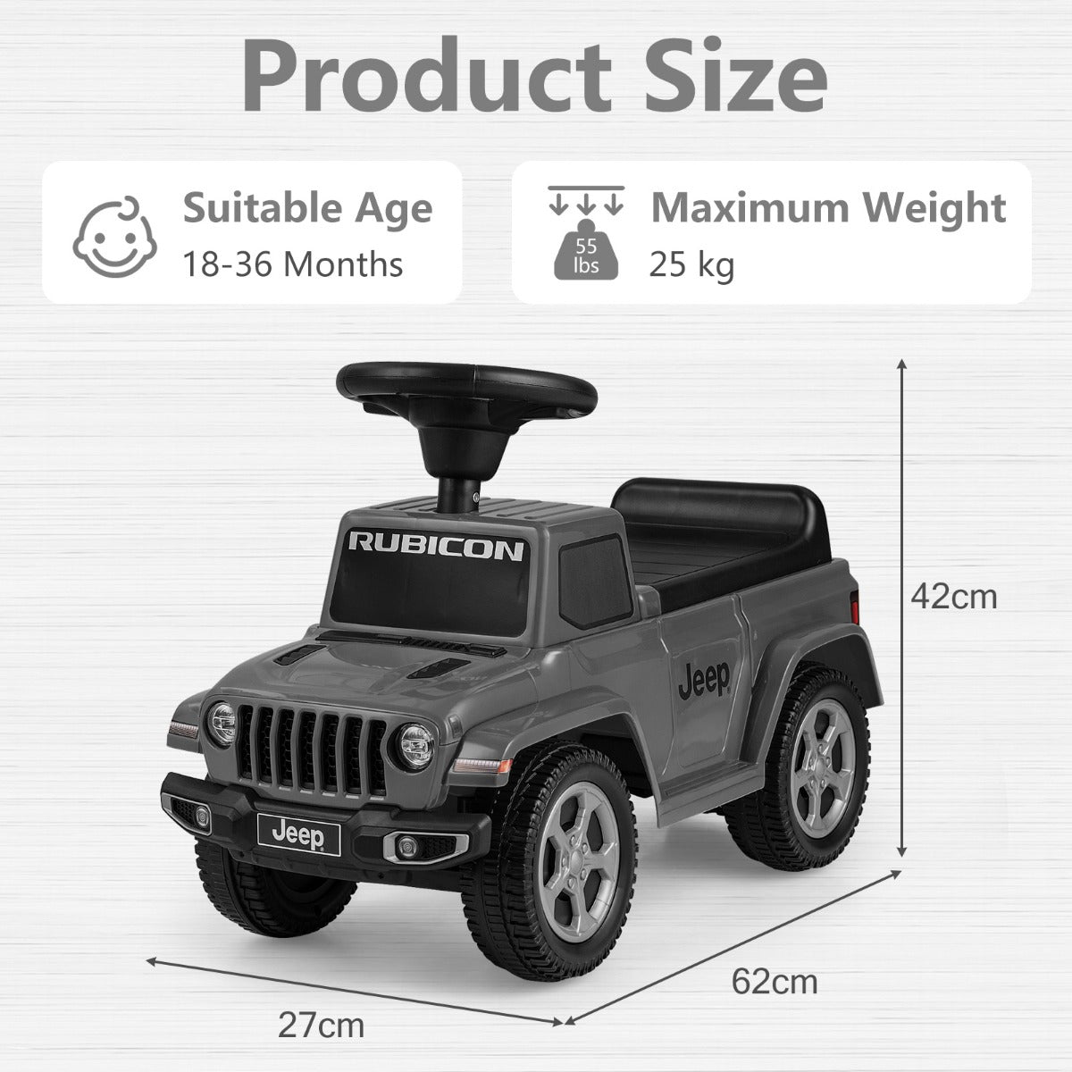 Licensed Jeep Ride On Push Car with Steering Wheel and Engine Sound for Ages 18-36 Months-Grey