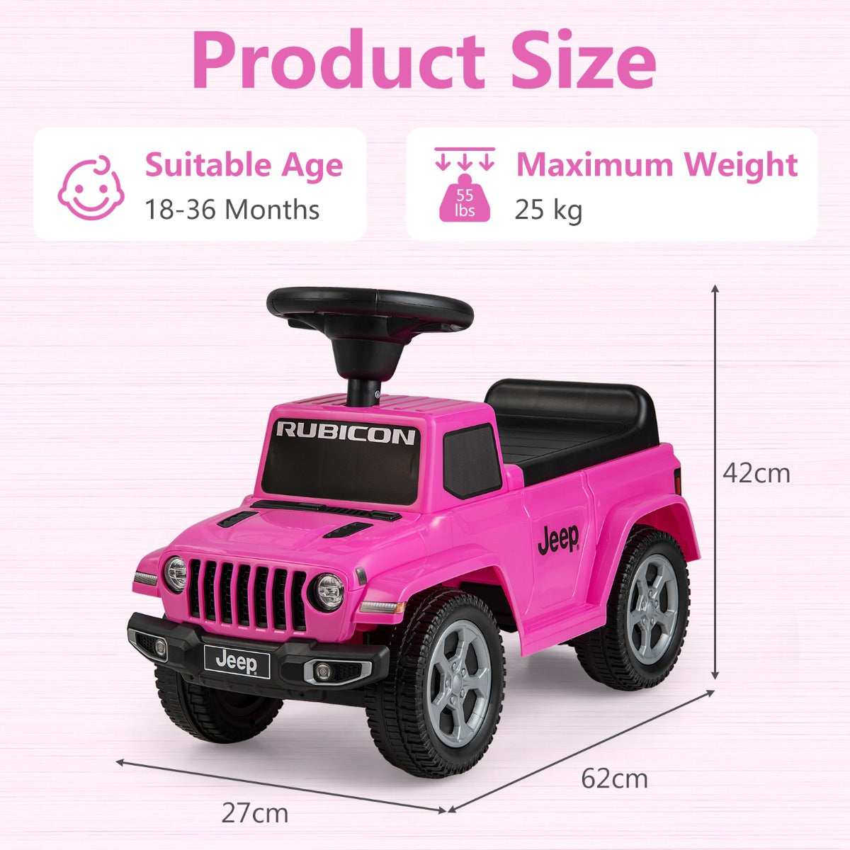 Licensed Jeep Ride On Push Car with Steering Wheel and Engine Sound for Ages 18-36 Months-Pink