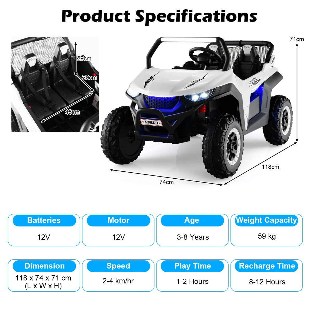 12V Battery Powered Electric Car 2-Seater Kids Ride on UTV-White