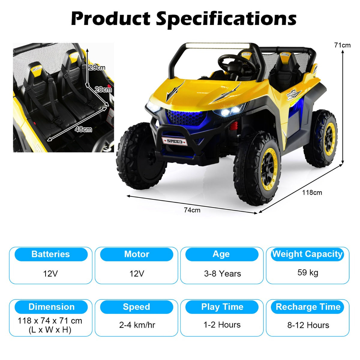 12V Battery Powered Electric Car 2-Seater Kids Ride on UTV-Yellow