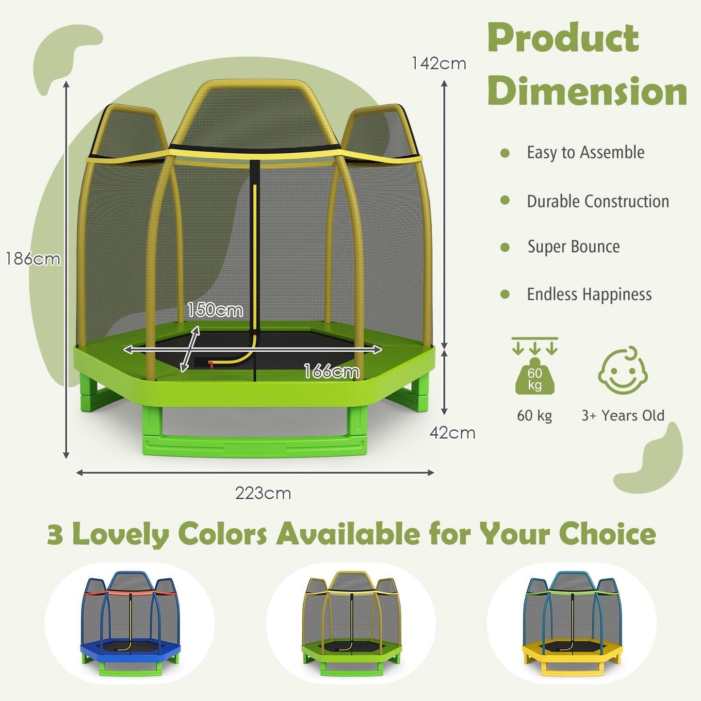 7 Feet Kids Trampoline with Safety Enclosure Net-Green