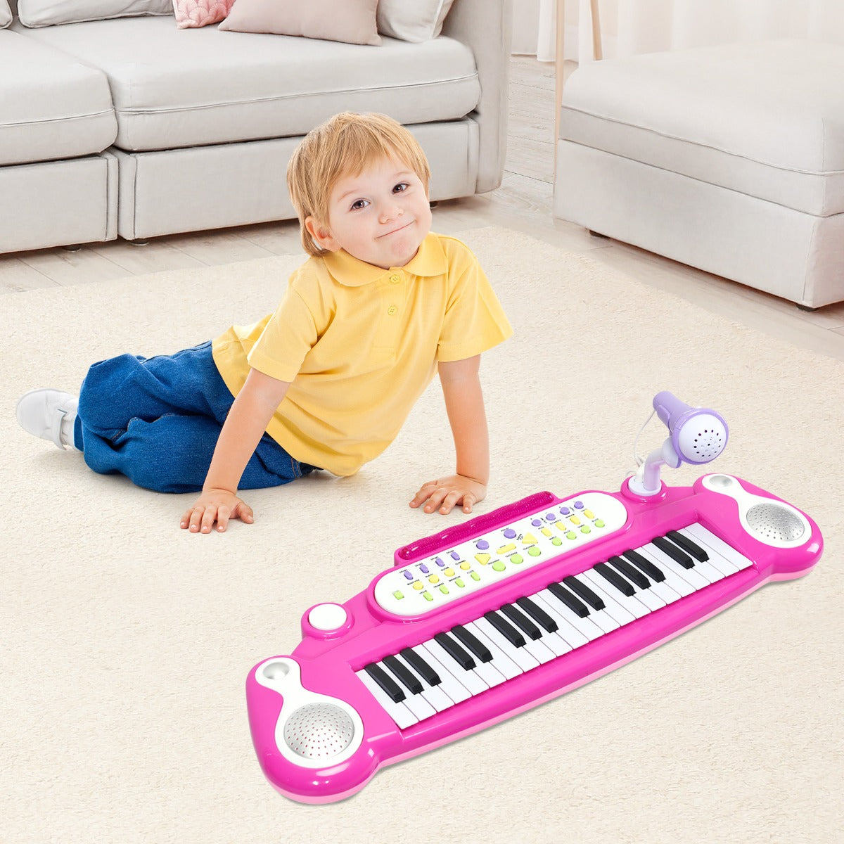 37 Keys Children's Stand Keyboard with Microphone and Light-Pink