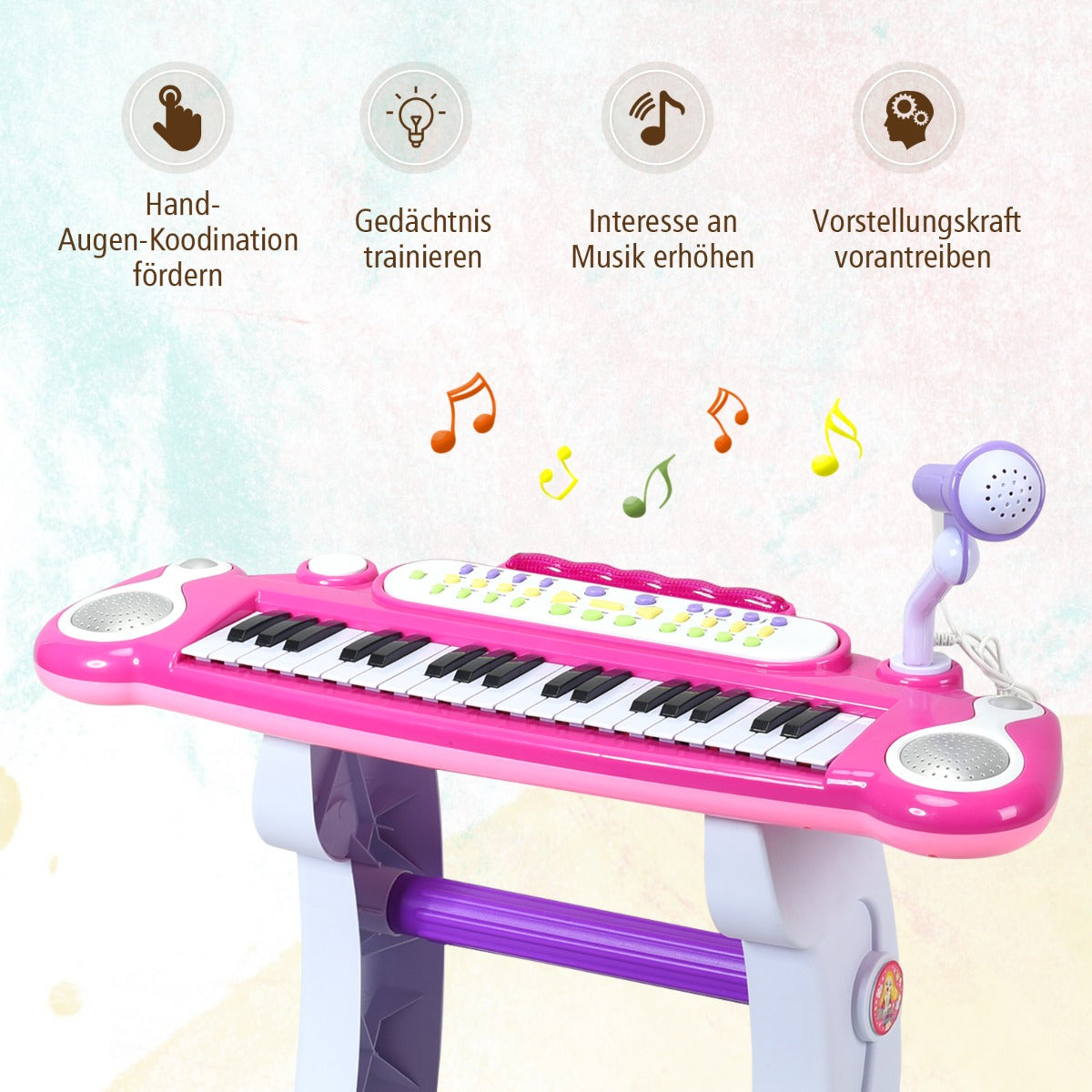 37 Keys Children's Stand Keyboard with Microphone and Light-Pink