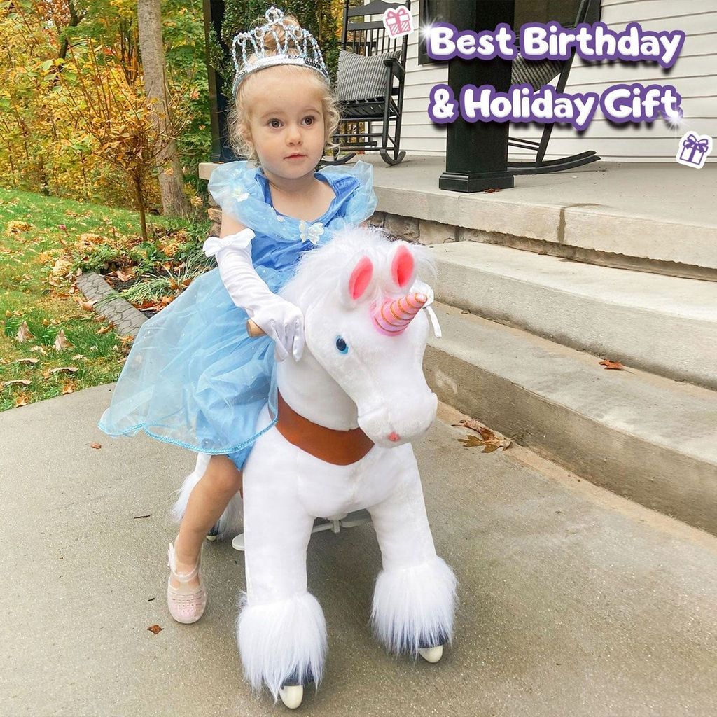 girl in princess outfit riding Ponycycle Unicorn Ride-on Toy Age 3-5 White