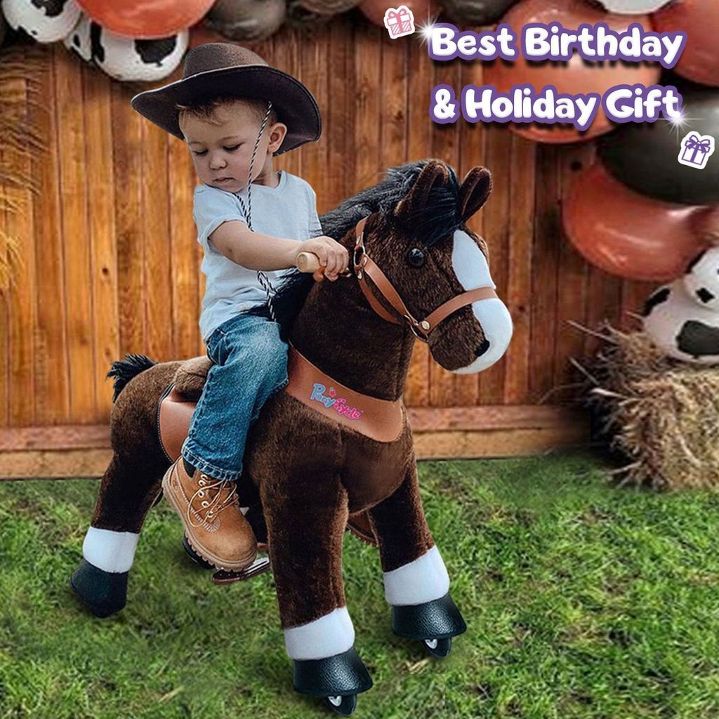 boy riding Ponycycle Ride-on Horse Toy Age 3-5 Chocolate