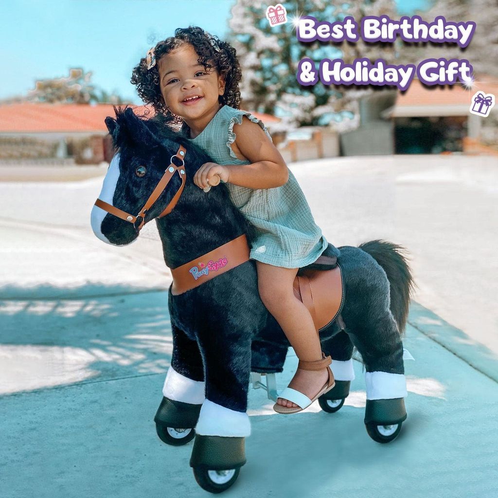 smiling girl riding Ponycycle Horse Toy Age 3-5 - Black